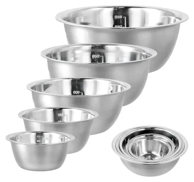 Produktbild von Edelstahl Rührschüssel Set, 5 Stück - Multifunktionale Rührschüsseln, Servierschüsseln, stapelbar für die Küche, Metallschüsseln zum Backen, Kochen und Aufbewahren von Lebensmitteln (14/16/20/22/24 cm)