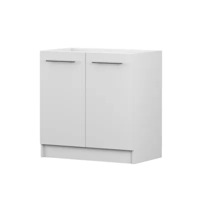 Produktbild von Spülenschrank INEZ, Küche, Küchenschrank zweitürig 80 cm Weiß/Weiß mit zwei Drehtüren, silberne Metallgriffe