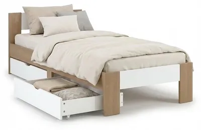 Image de Lit simple en bois 90x200 avec 2 tiroirs chêne marron blanc Cadre de lit en bois massif sommier à lattes