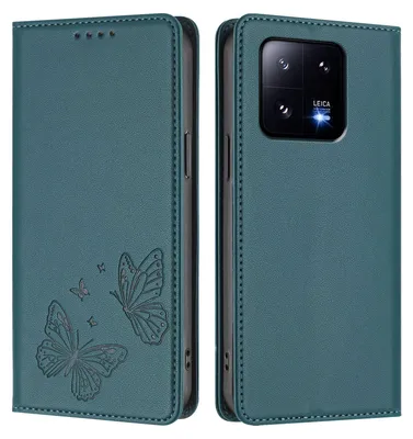 Obrázek produktu pro Kožené pouzdro pro Xiaomi 13 Pro, motýlí ražbou, peněženkové flip pouzdro se stojánkem Zelená