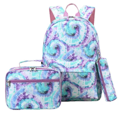 Obrázok produktu pre Sada školských batohov pre dievčatá, štýl tie-dye, zelená, 3-dielna, s obedom a peračníkom
