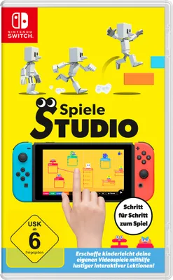 The image shows the packaging for the Nintendo Switch game 'Spielestudio'. It features cartoon characters, the game's title, and a screenshot of the game on the Nintendo Switch console.
