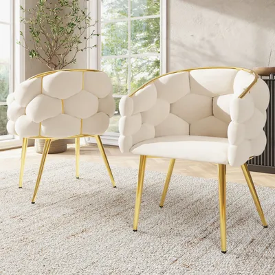 Produktbild von Flieks Esszimmerstühle 2er-Set, Stühle Essstühle aus Samt, Polsterstuhl Schminkstuhl mit vergoldeten Eisenbeinen, Esszimmerstuhl beige