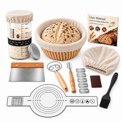 Produktbild von 10-teiliges Gärkörbchen Set, Sauerteig Starter Set mit Brotbackzubehör, Backmatte, Brotklinge, 5 Ersatzklingen & Gärkorb