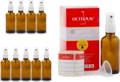 Produktbild von 10 Braunglasflaschen 50 ml, G18, Fingerzerstäuber PP, Mini-Trichter