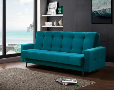 Produktbild von Schlafsofa Nancy BIS Dreisitzer mit Schlaffunktion Bettkasten Polstersofa aus Velours Sofa mit Federkern Holzbeine, Stoff: kronos 13 - hellblau