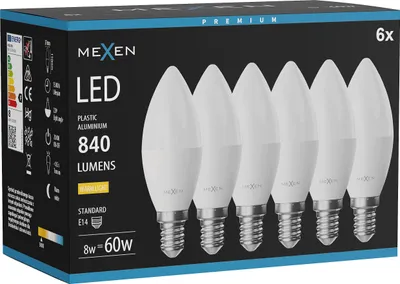 Obrázok produktu pre Mexen Nova 6x LED žiarovka E14, C37, 8 W, teplá – 3000 K, 840 lm – L102-E14-0830-01x06