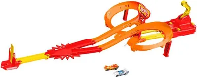Produktbild von Hot Wheels Action The Hot Ones Crash-Alarm-Rennstrecke-Trackset mit 2 Die-Cast-Spielzeugautos im Maßstab 1:64, Fahrzeug- & Schienen-Set, 3 Jahr(e), Kunststoff, Mehrfarbig