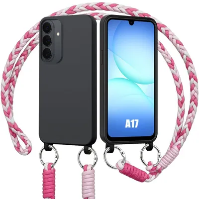 Image de Coque pour Samsung Galaxy A17 4G/5G, Protection Antichoc Silicone Noir avec Cordon Blanc Rose