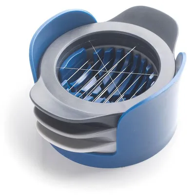 A close-up studio shot of a blue and gray egg and mushroom slicer.