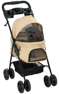 Produktbild von Hundekinderwagen für kleine Hunde, faltbar | Farbe: Khaki | Abmessungen: 45x67x96 cm