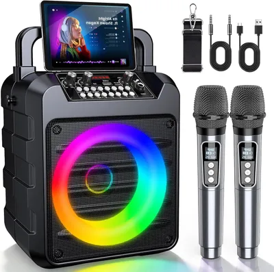 Zdjęcie produktu dla Przenośny zestaw karaoke - głośnik imprezowy - do muzyki i śpiewu - z podświetleniem LED - 20 watów - czarny