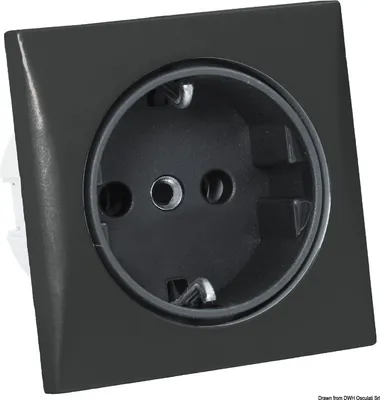 Produktbild von 220V Schuko Steckdose mit Abdeckung, schwarz, Panelmontage Osculati 14.492.11