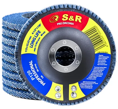 Imagen del producto de S&R, juego de discos de lija segmentados, 10 unidades, 115 x 22,23 mm, calidad profesional, modelo T29, discos segmentados, para lijadoras de lamas, juego para acero, acero inoxidable, grano P40-P120 (grano P120)