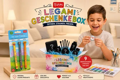 Produktbild von LEGAMI Geschenkset für Jungs mit 9 Produkten und neuem Gelschreiber Hunde, KI-generiertes Bild