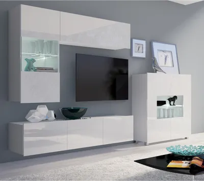 Produktbild von Wohnzimmer Möbel Set in weiß Hochglanz mit LED Beleuchtung CAIRNS-132, B/H/T ca. 365/200/43 cm