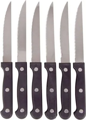 A set of six steak knives with black handles and serrated silver blades, arranged side-by-side.