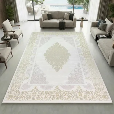 Image de Tapis design à motifs orientaux, blanc, or et gris - Dimensions : 140 x 200 cm