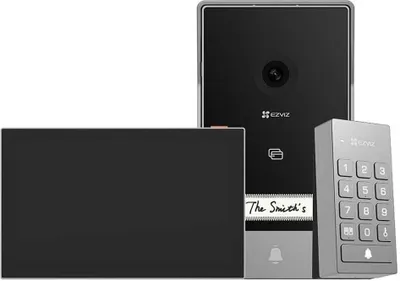 A set of smart home intercom devices, including a screen, a camera unit, and a keypad.