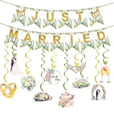 Produktbild von Just Married Girlande Deko Hochzeit Auto Banner Eukalyptusblatt Muster Karton
