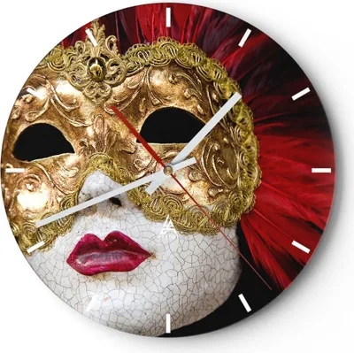 Produktbild von Wanduhr - Rund - Glasuhr - Venezianische Maske Kostüm Spaß Feder - 30x30cm - Schleichendes Uhrwerk - Lautlos - zum Aufhängen bereit - Dekoration Modern - Wanddekoration aus Glas - C3AR30x30-0437
