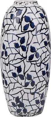 Produktbild von BELIANI Blumenvase Weiß Steinzeug Handgefertigt 25 cm mit Blauem Blumenmotiv Wasserdicht Deko Accessoires Wohnzimmer Schlafzimmer Flur Kamin