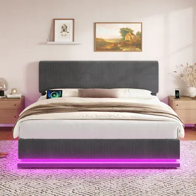 Obrázok produktu pre LVHOM Čalúnená posteľ 160x200cm s úložným priestorom, dvojposteľ z manšestru s roštom, LED a USB-C, hydraulická posteľ pre mládež s nastaviteľným čelom, sivá
