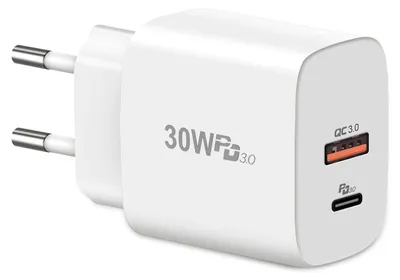 Obrázok produktu pre ADJ Nástenná nabíjačka s 2 portmi USB-A + USB-C PD 30 W, rýchle nabíjanie QC 3.0, čierna