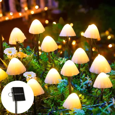Image de Lampes solaires en forme de champignons - Décoration de jardin - Éclairage extérieur - 20 LED - 5 mètres - Lumière blanche chaude