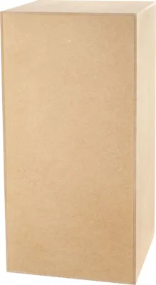 A plain, unpainted MDF cube on a white background.