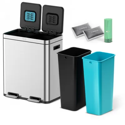Produktbild von Deleca FreshAura Mülleimer (60l) - Recycling Mülltrennsystem küche mit 2 Fächern - Duo Soft Close Mülltrennung / Tretmülleimer - Edelstahl Silber