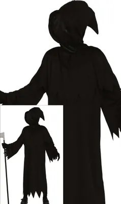 A child wearing a black grim reaper costume, holding a scythe.