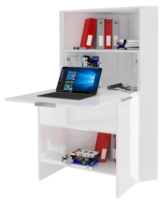 Produktbild von Schreibtisch Gianmaria, Mehrzweckmöbel mit Regalen und Arbeitsplatte, Mehrzweck-Bürotisch, platzsparender Mehrpositionsschreibtisch, 100 % Italy, cm 70x57h140, glänzendes Weiß