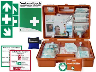 Produktbild von Verbandskasten (M) Typ N -Paket 1- aktuelle Erste Hilfe nach DIN 13157 für Betriebe -DSGVO- INKL. PERFORIERTEM VERBANDBUCH + Beatmungshilfe +AUFKLEBER