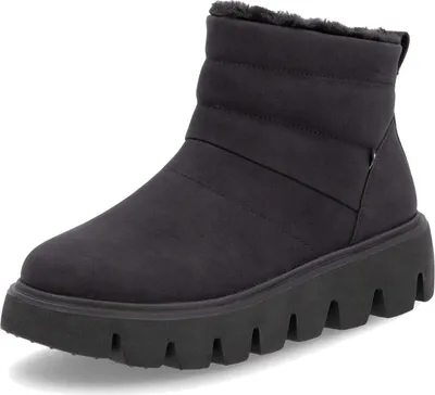 A studio shot of a single black winter boot.