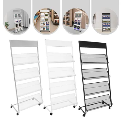 Image de Étagère à magazines, modèle à roulettes, 4 niveaux, 63 cm de hauteur, en métal, pour bureau et exposition