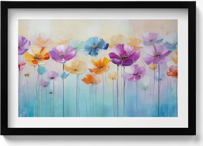 Produktbild von Gemalte bunte Blumen– Wandbild mit Rahmen – Gerahmtes Bild  – Wanddekoration – 60x40 cm –  Schwarz Rahmen