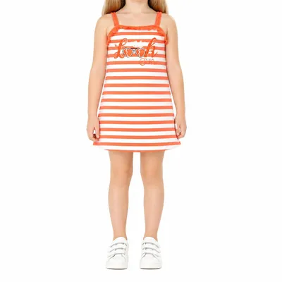 Produktbild von Stummer Mädchen Trägerkleid – Größe 104 – Orange/Weiß mit Rüschen, Streifen & Strass – Sommerzauber!