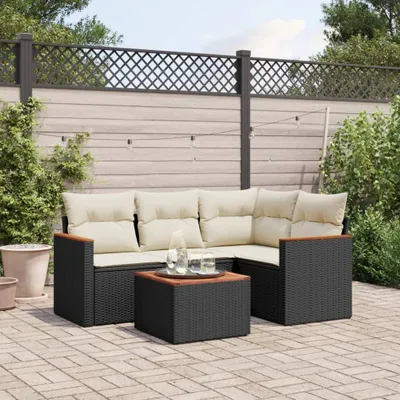 Produktbild von Design 5-tlg. Garten-Sofagarnitur mit Kissen Schwarz Poly Rattan, Gartenmöbel-Sets 2024 Neu