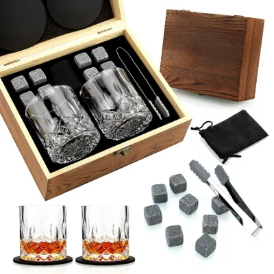 Productafbeelding van Whiskyglazen cadeau set - 2 kristallen whiskyglazen - 8 whiskystenen - houten doos - verjaardagscadeau - luxe cadeau - whisky set