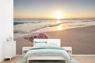Produktbild von MuchoWow® Fototapete für Wohnzimmer oder Schlafzimmer Wandtapete Vinyl Motivtapete Muschel - Strand - Himmel - 450x300 cm - Gemusterte