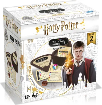 A product shot of the Harry Potter Trivial Pursuit Volume 2 game box, with game components and a character illustration visible.