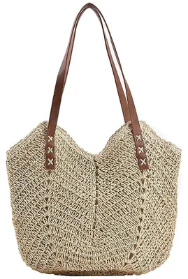 Produktbild von 1 Strohtasche für Damen aus hochwertigem, handgewebtem Naturstroh mit Polyesterfutter und PolyurethanTragegurten – leicht, atmungsaktiv und umweltfreundlich. Mit ihren Maßen von 40 x 35 cm ist sie eine große Rattan-Schultertasche, die sich ideal als Sommer-Strandtasche eignet. Elegant-beige Optik, natürliche Textur und vielseitige Tragbarkeit machen sie zur bevorzugten Begleiterin für Strand, Stadt oder Reise.