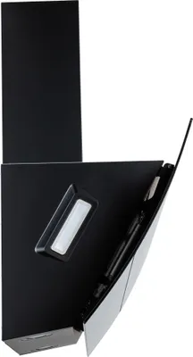 A black kitchen hood with a silver accent and a light.