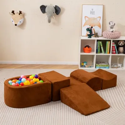 Produktbild von COSTWAY 5 TLG. Schaumstoffbausteine, Riesenbausteine mit Bällebad, Großbausteine zum Toben&Klettern, Kletterblöcke Softbausteine, Ohne Spielbäl, Braun