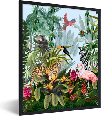 Produktbild von MuchoWow® Gerahmtes Poster Dschungel - Natur - Jungen - Mädchen - Kinder - Zebra - Flamingo 60x80 cm - Poster mit Schwarzem Bilderrahmen Wandposter Rahmen Foto Bilder - Premium - Wanddeko Wohnzimmer