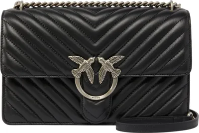 A black quilted leather handbag with a silver chain strap and a distinctive silver bird logo on the front.