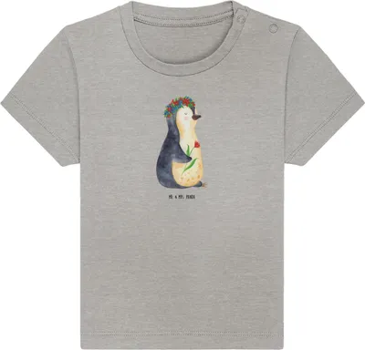 Produktbild von Mr. & Mrs. Panda Babyshirt Pinguin Blumen 6. - 12. Monat - Heather Grey - Geschenk, Liebeskummer, Kinder T-Shirt, Baby Top, Wunderschön, Blumenliebe, Organic Shirt,