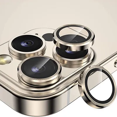 Produktbild von Metal Ring Camera Tempered Glas Film für Apple iPhone 14 Pro Max / 14 Pro Panzer Gold