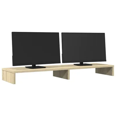 A wooden monitor stand with two black monitors on top.